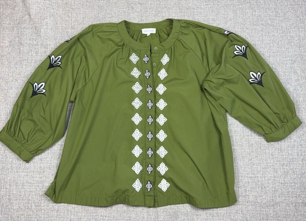 Entro Womens M Olive Green Embroidered Peasant Blouse Balloon Sleeve Boho